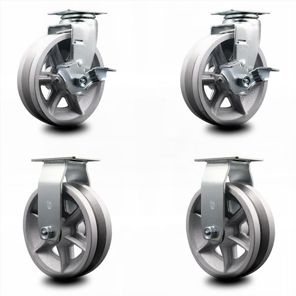 6 Inch V-Groove Semi Steel Caster Set with Ball Bearings 2 Brakes 2 Rigid SCC